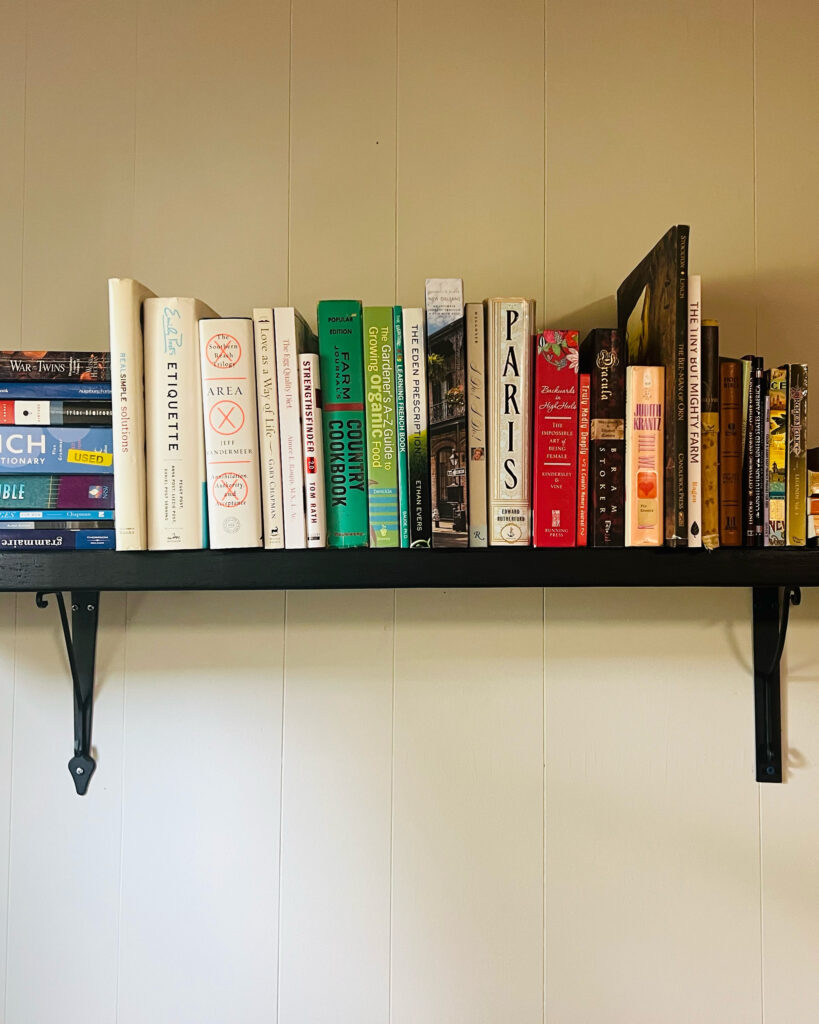 Black handmade wood wall shelf with rainbow books